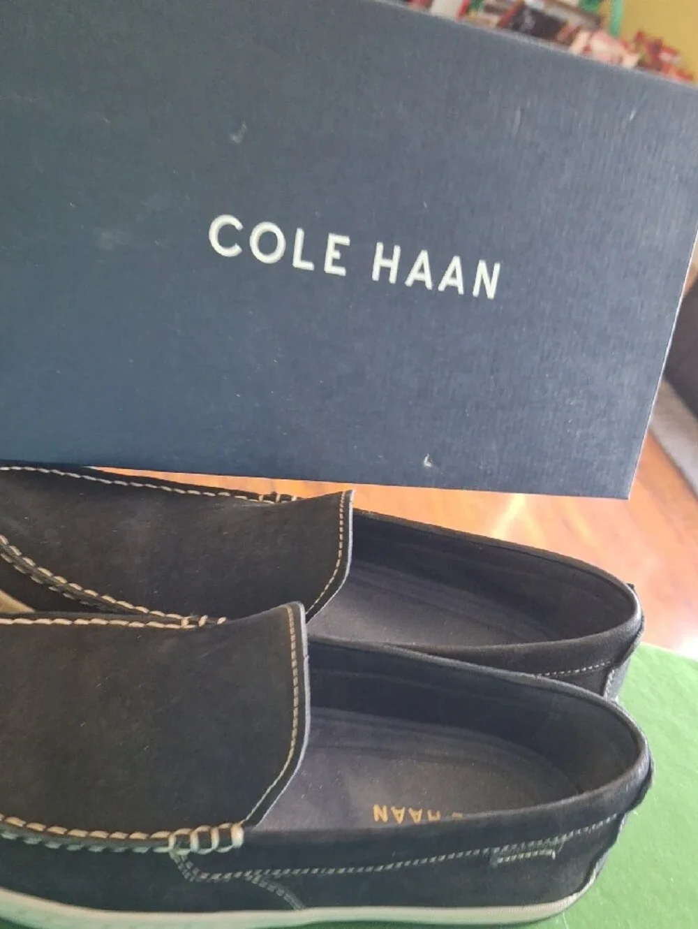Cole Haan Black Suede Slip-On Loafers with Contrast Stitch
